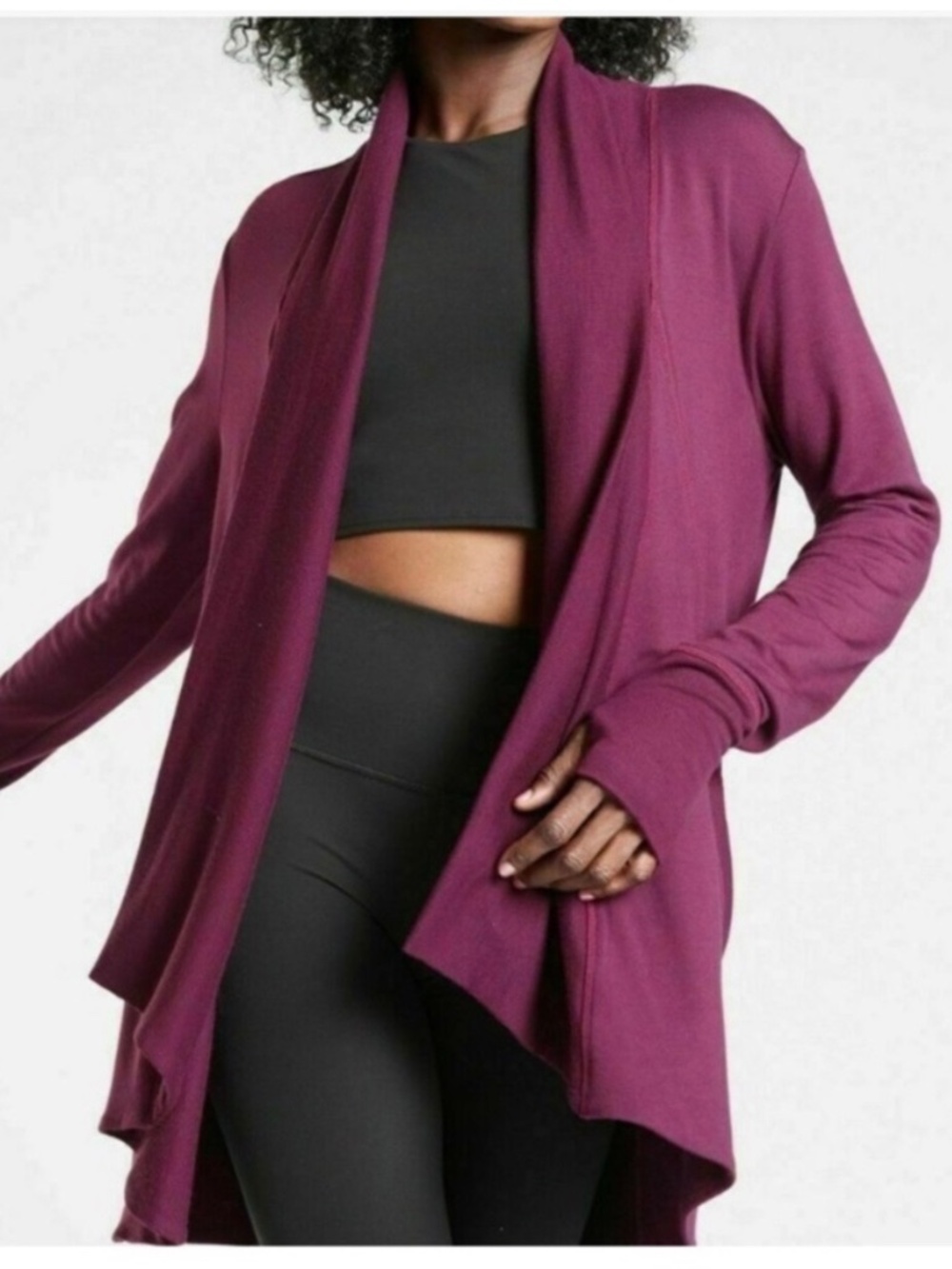 Athleta Pranayama Restore Wrap Burgundy Open Front Cardigan Pockets Lounge Sz XS